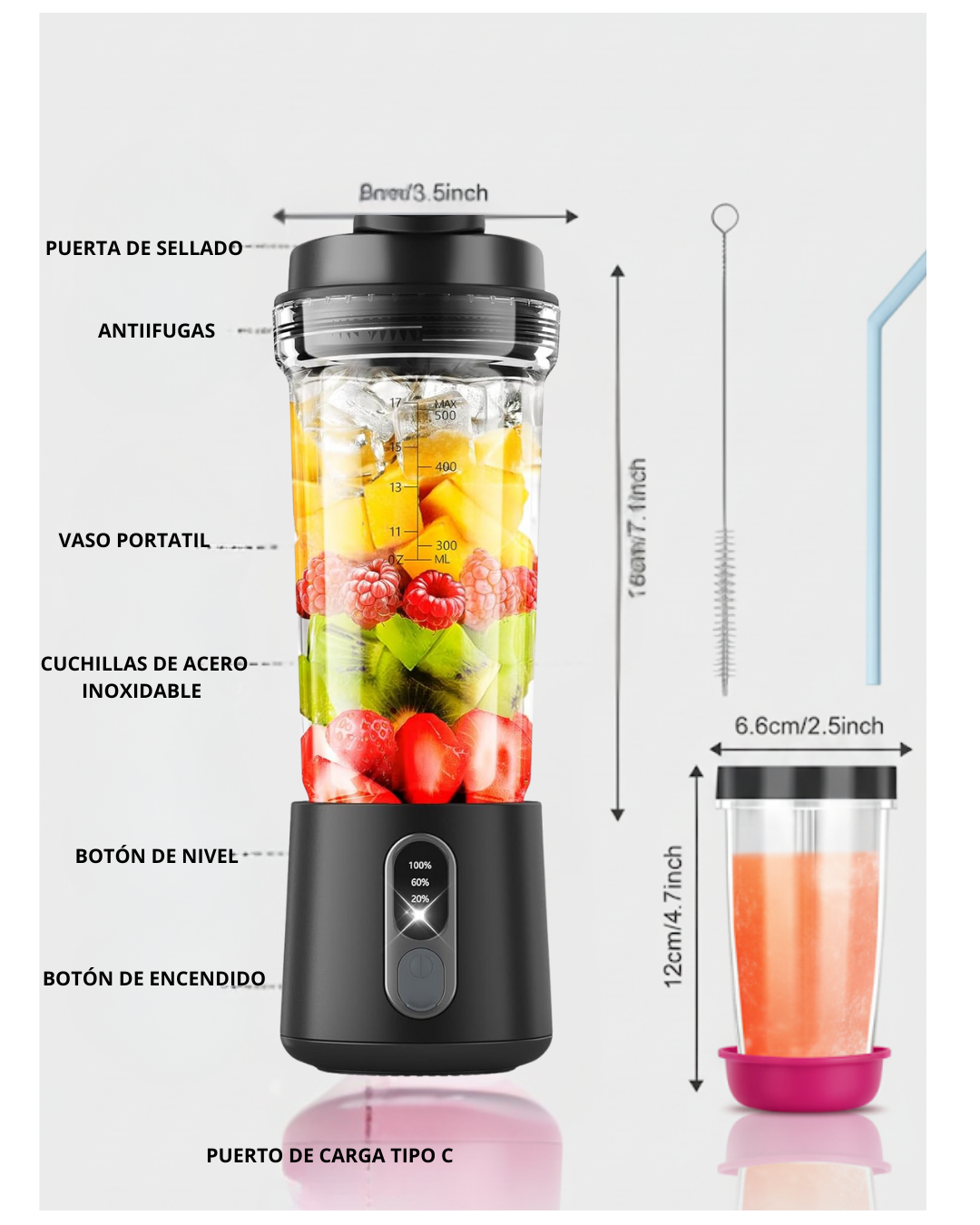 Licuadora Portatil Batidora Usb Recargable Color Negra 300w